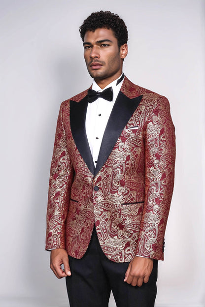Paisley Peak Lapel Burgundy Men Singer Tuxedo Blazer - Wessi