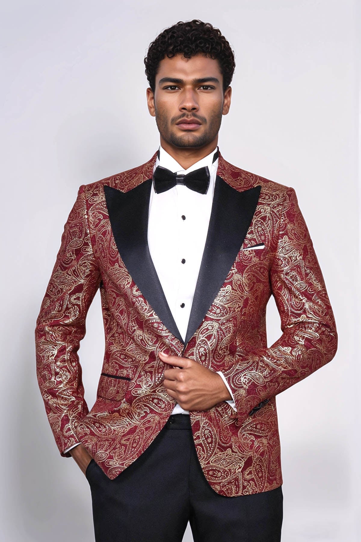 Paisley Peak Lapel Burgundy Men Singer Tuxedo Blazer - Wessi