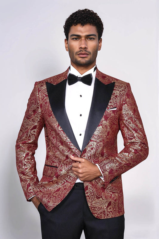Paisley Peak Lapel Burgundy Men Singer Tuxedo Blazer - Wessi