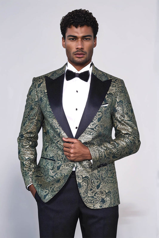 Paisley Peak Lapel Green Men Stage Tuxedo Jacket - Wessi
