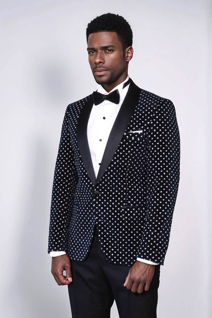 Dot Patterned Slim Fit Navy Blue Men Party Blazer - Wessi