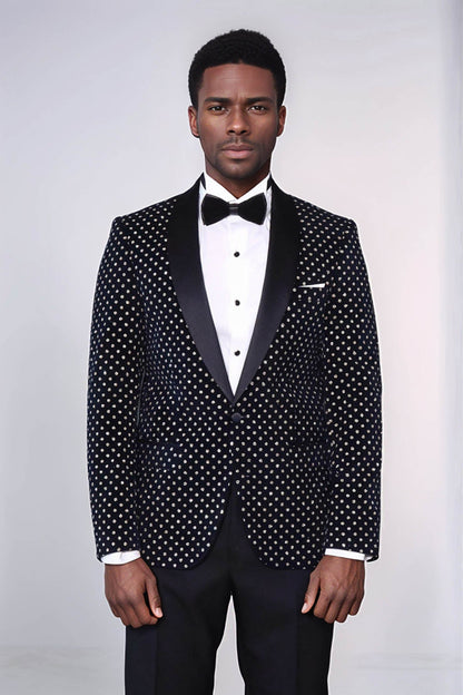 Dot Patterned Slim Fit Navy Blue Men Party Blazer - Wessi