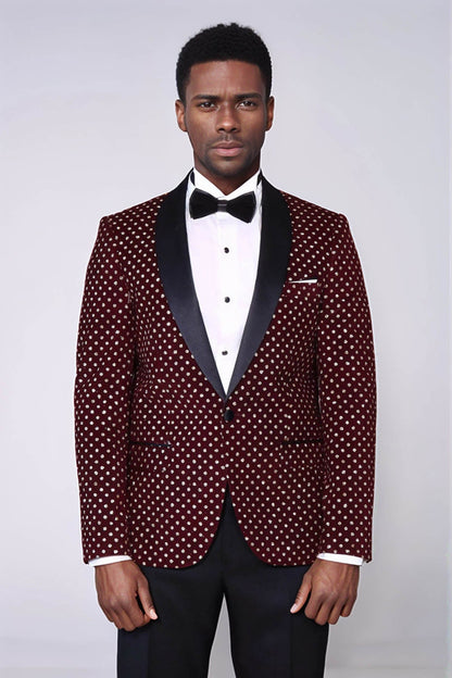 Dot Patterned Slim Fit Burgundy Men Dinner Jacket - Wessi