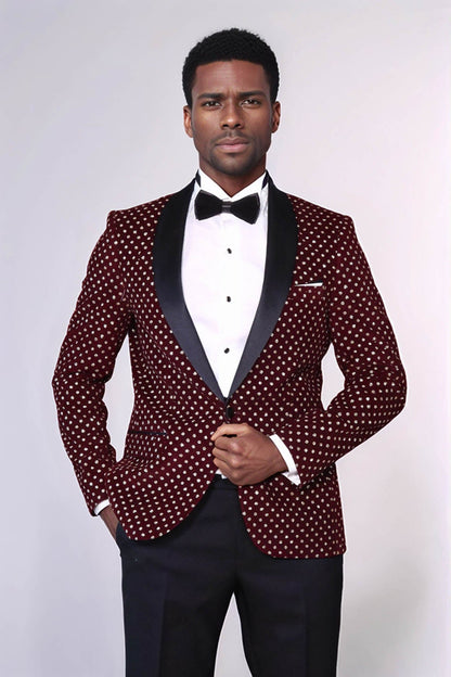 Dot Patterned Slim Fit Burgundy Men Dinner Jacket - Wessi