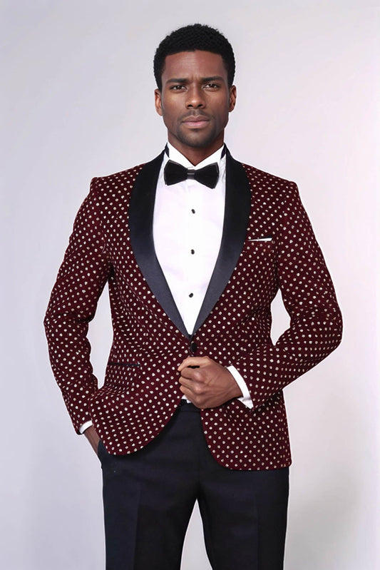 Dot Patterned Slim Fit Burgundy Men Dinner Jacket - Wessi