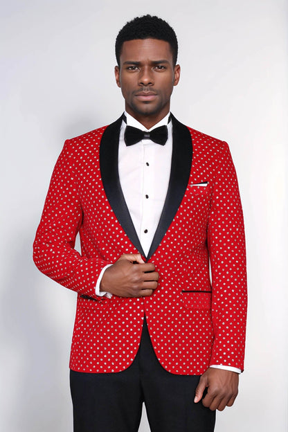 Dot Patterned Slim Fit Red Men Singer Tuxedo Blazer - Wessi