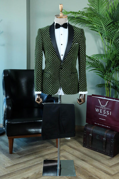 KOALA SYDNEY  Emerald Green Velvet Polka Dot Peak Lapel Tuxedo Jacket with Black Pants - Luxe Party Style