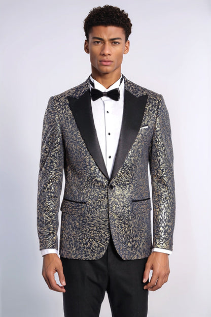 Feather Patterned Slim Fit Navy Blue Men Dinner Jacket - Wessi