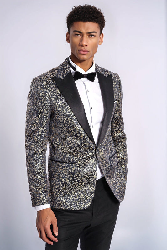Feather Patterned Slim Fit Navy Blue Men Dinner Jacket - Wessi
