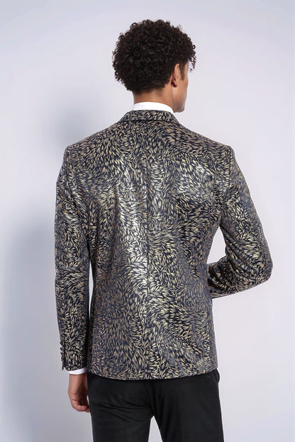 Feather Patterned Slim Fit Navy Blue Men Dinner Jacket - Wessi