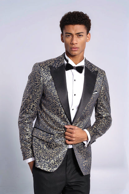 Feather Patterned Slim Fit Navy Blue Men Dinner Jacket - Wessi