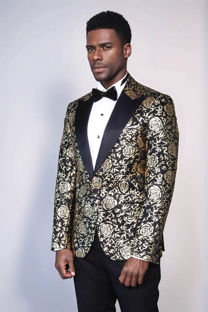 Gold Rose Patterned Slim Fit Black Men Singer Tuxedo Blazer - Wessi