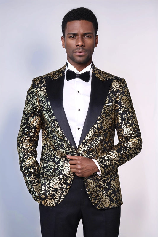 Gold Rose Patterned Slim Fit Black Men Singer Tuxedo Blazer - Wessi