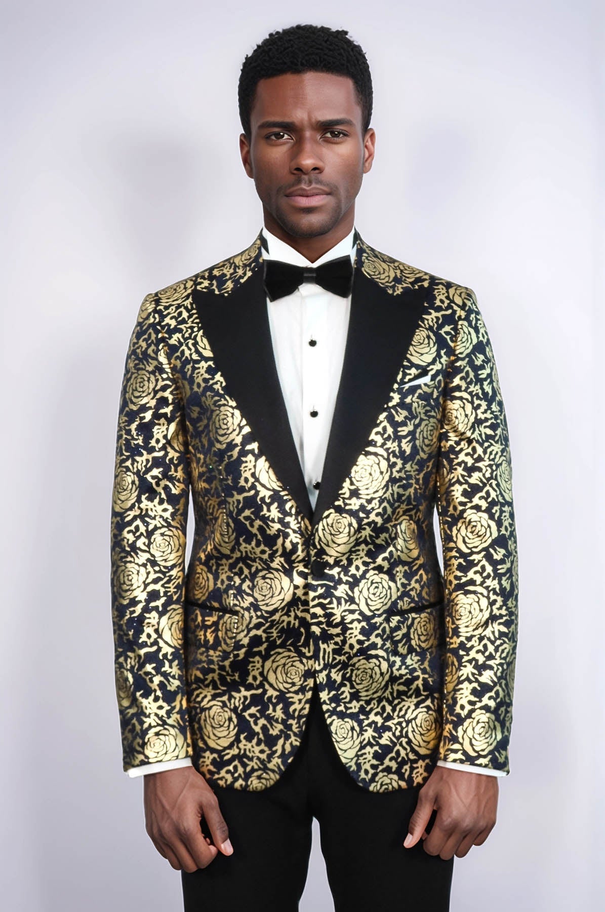 KOALA SYDNEY  Gold Rose Patterned Slim Fit Navy Blue Men Prom Blazer and Trousers Combination Suit