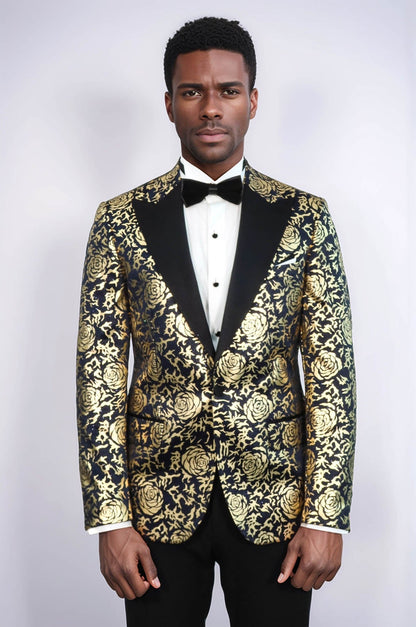 KOALA SYDNEY  Gold Rose Patterned Slim Fit Navy Blue Men Prom Blazer and Trousers Combination Suit