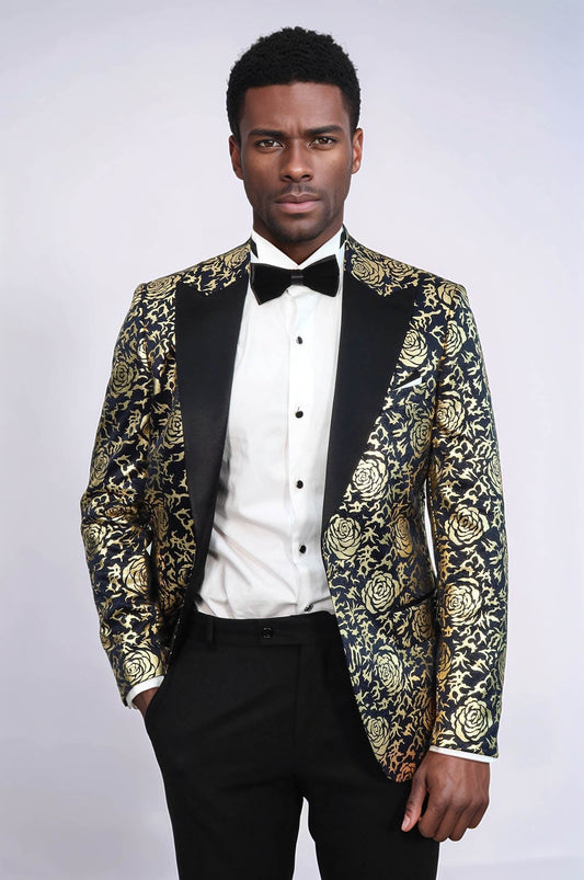 KOALA SYDNEY  Gold Rose Patterned Slim Fit Navy Blue Men Prom Blazer and Trousers Combination Suit