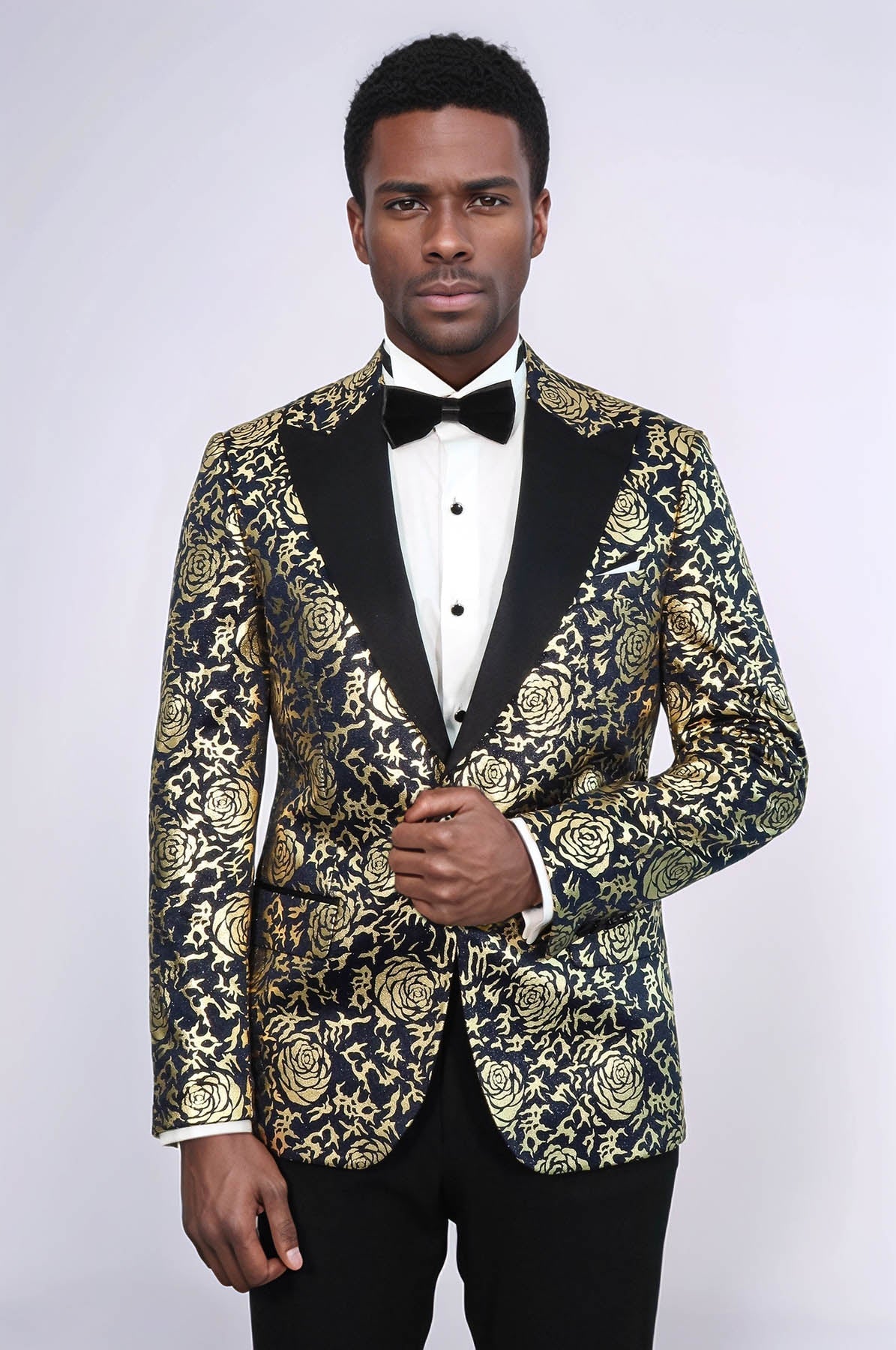 KOALA SYDNEY  Gold Rose Patterned Slim Fit Navy Blue Men Prom Blazer and Trousers Combination Suit