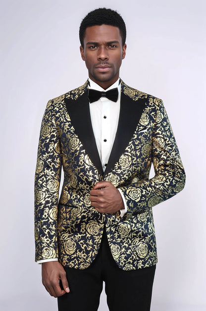 KOALA SYDNEY  Gold Rose Patterned Slim Fit Navy Blue Men Prom Blazer and Trousers Combination Suit