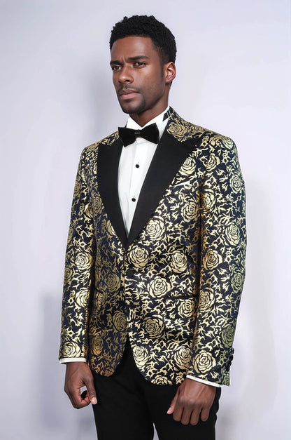 KOALA SYDNEY  Gold Rose Patterned Slim Fit Navy Blue Men Prom Blazer and Trousers Combination Suit