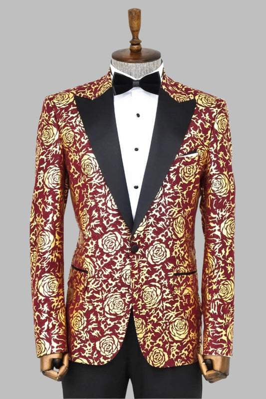 Gold Rose Patterned Slim Fit Burgundy Men Shinny Blazer -