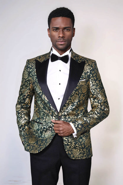 Gold Rose Patterned Slim Fit Green Men Singer Tuxedo Jacket - Wessi