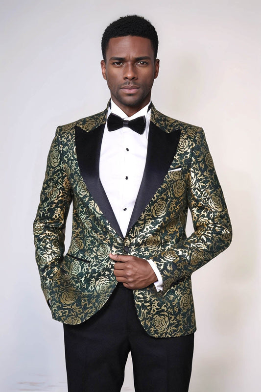 Gold Rose Patterned Slim Fit Green Men Singer Tuxedo Jacket - Wessi