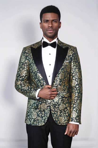 Gold Rose Patterned Slim Fit Green Men Singer Tuxedo Jacket - Wessi