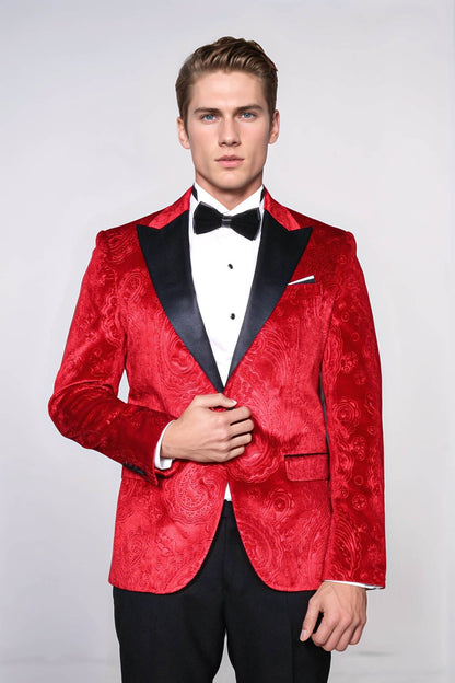 Floral Patterned Velvet Burgundy Men Tuxedo Jacket - Wessi