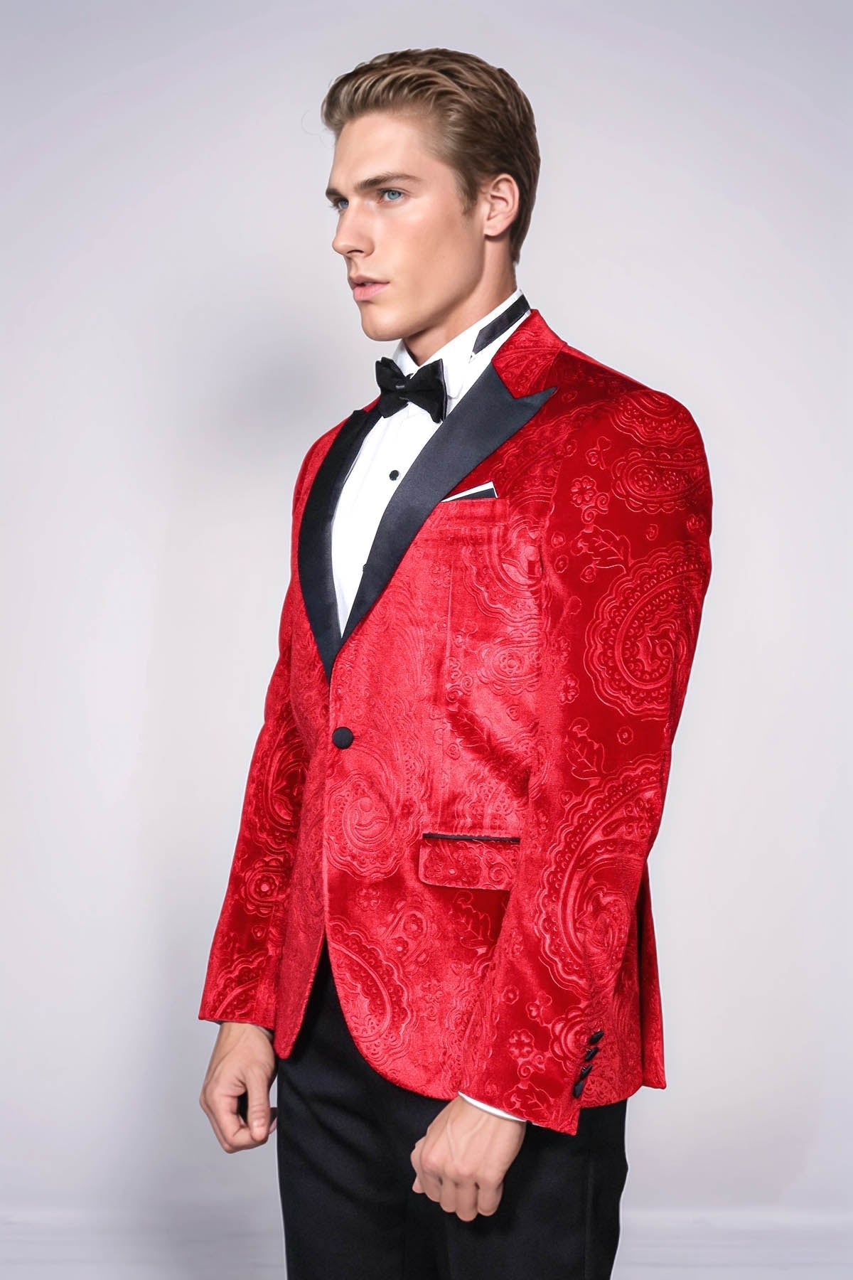 Floral Patterned Velvet Burgundy Men Tuxedo Jacket - Wessi