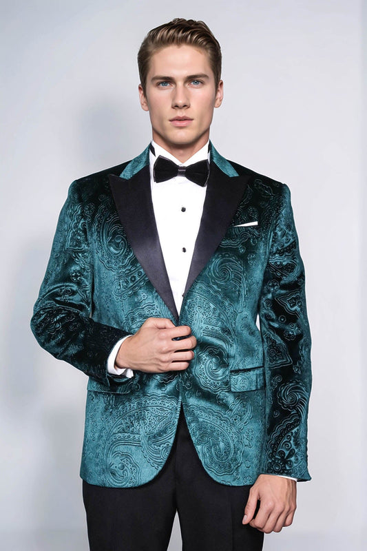 Floral Patterned Velvet Green Men Evening Jacket