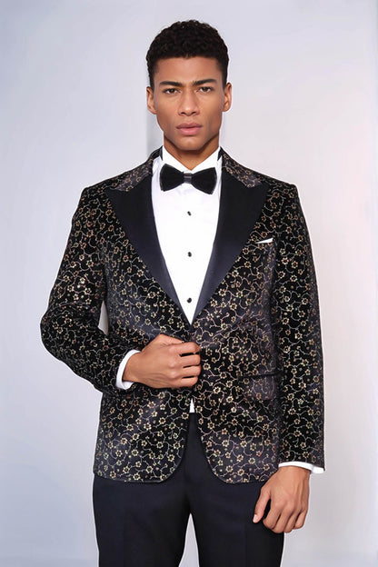 Tiny Flower Pattern Black Men Tuxedo Blazer - Wessi