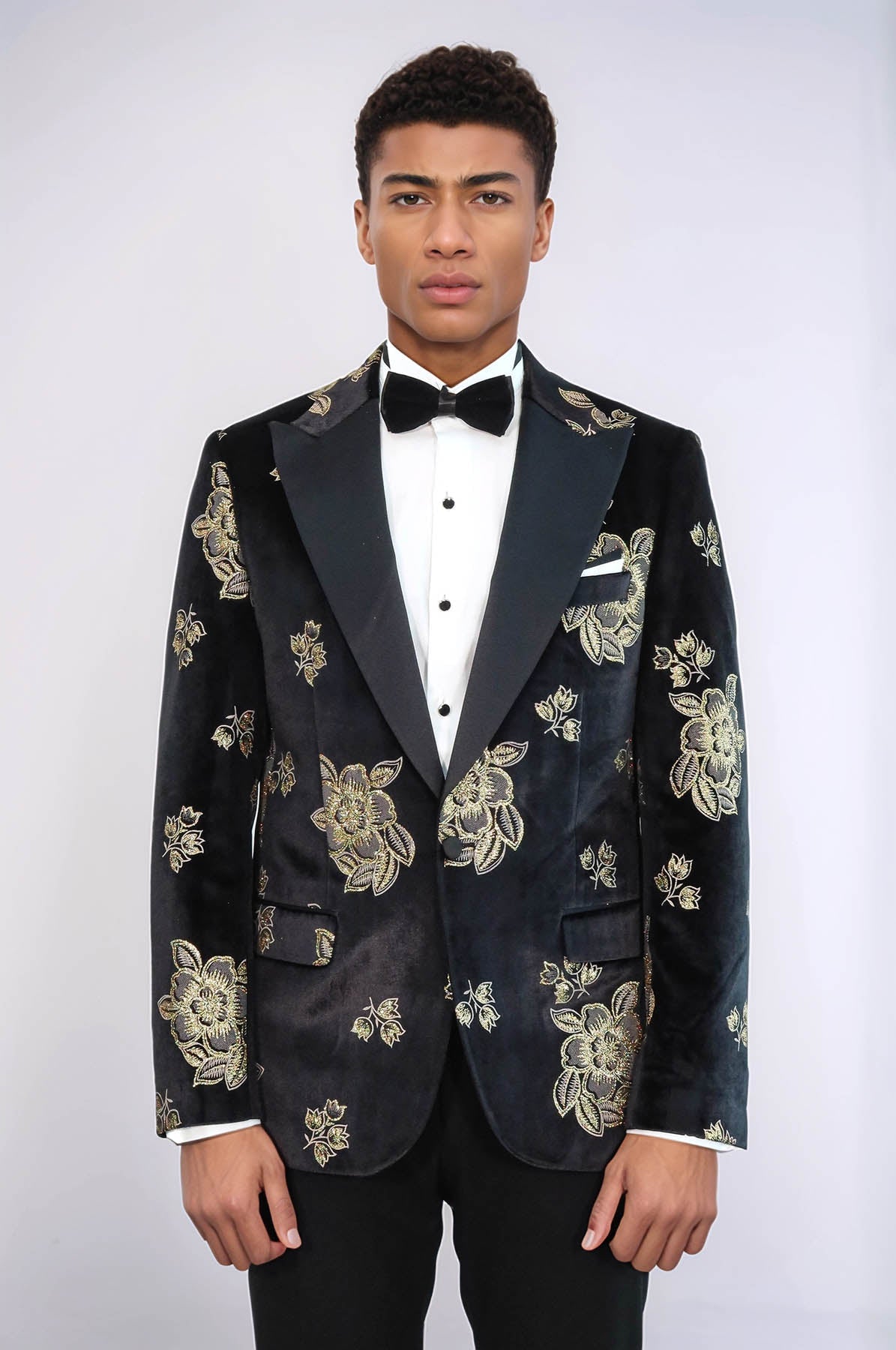 KOALA SYDNEY  Gold Floral Patterned Shiny Black Men Prom Blazer and Trousers Combination Suit