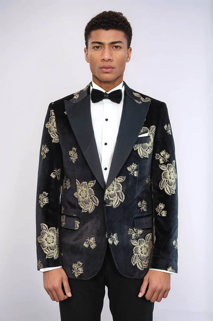 KOALA SYDNEY  Gold Floral Patterned Shiny Black Men Prom Blazer and Trousers Combination Suit
