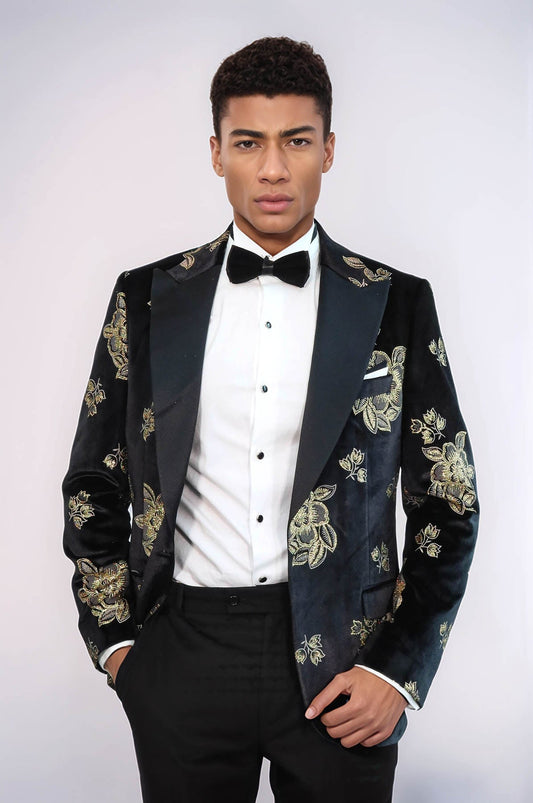 KOALA SYDNEY  Gold Floral Patterned Shiny Black Men Prom Blazer and Trousers Combination Suit