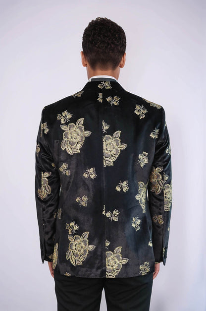 KOALA SYDNEY  Gold Floral Patterned Shiny Black Men Prom Blazer and Trousers Combination Suit