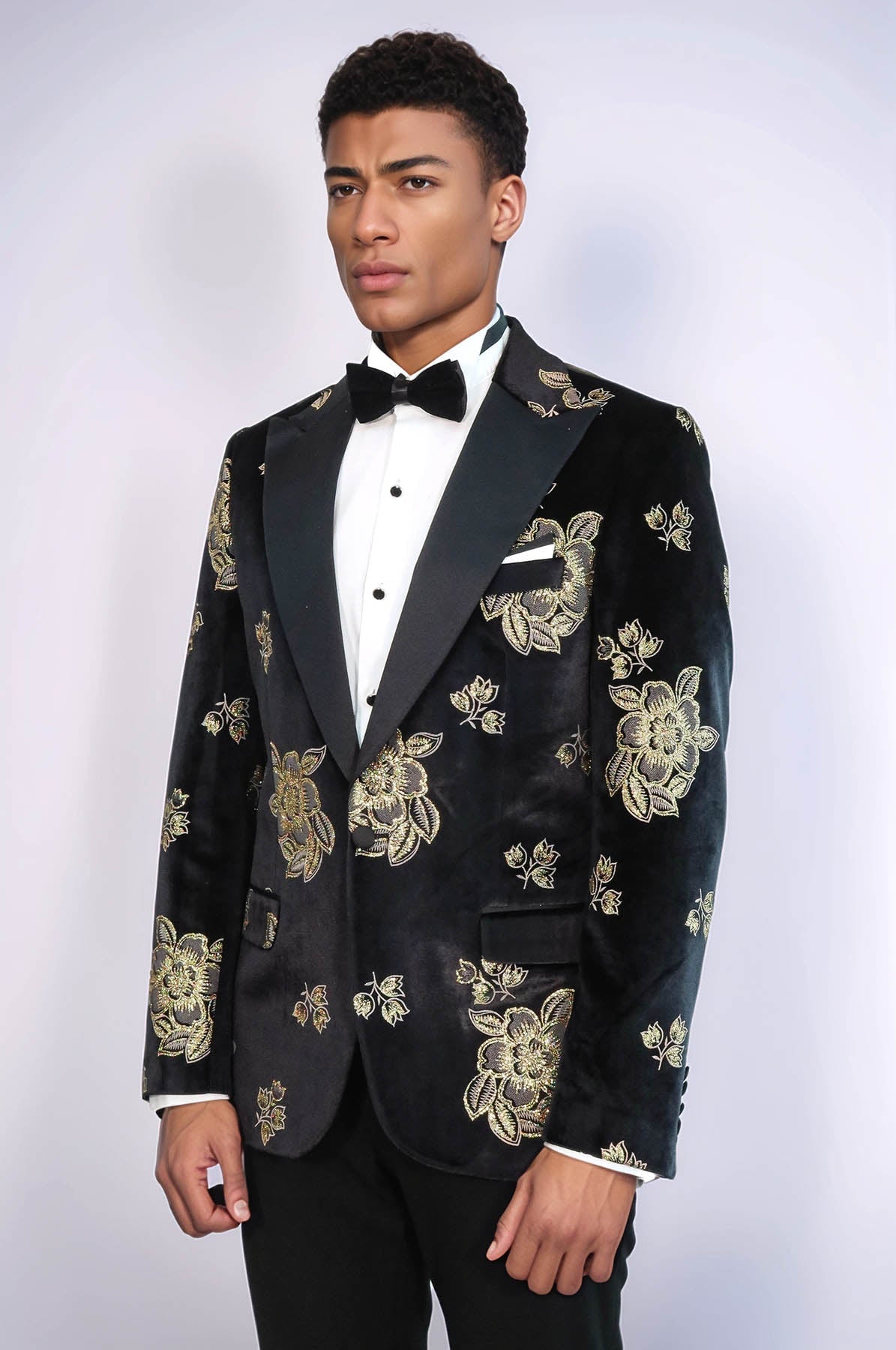 KOALA SYDNEY  Gold Floral Patterned Shiny Black Men Prom Blazer and Trousers Combination Suit