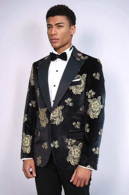 KOALA SYDNEY  Gold Floral Patterned Shiny Black Men Prom Blazer and Trousers Combination Suit