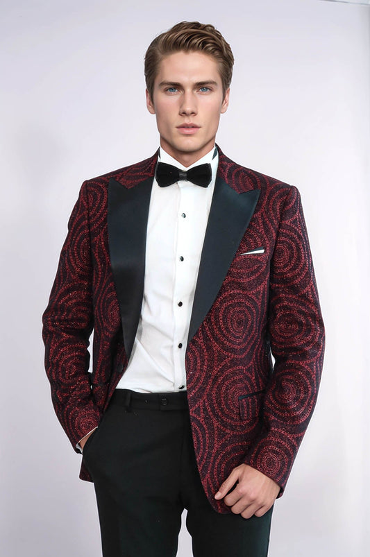 Hypnose Pattern Peak Lapel Slim Fit Burgundy Men Tuxedo  Blazer - Wessi