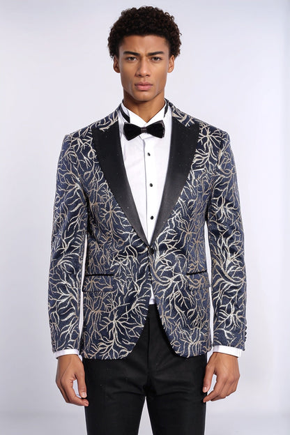KOALA SYDNEY Sparkling Ivy Patterned Slim Fit Navy Blue Men Tuxedo Jacket