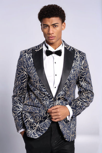 KOALA SYDNEY Sparkling Ivy Patterned Slim Fit Navy Blue Men Tuxedo Jacket