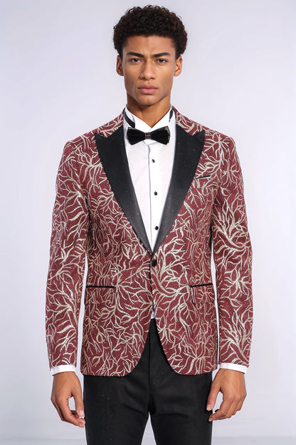 KOALA SYDNEY Sparkling Ivy Patterned Slim Fit Burgundy Men Evening Tuxedo Jacket