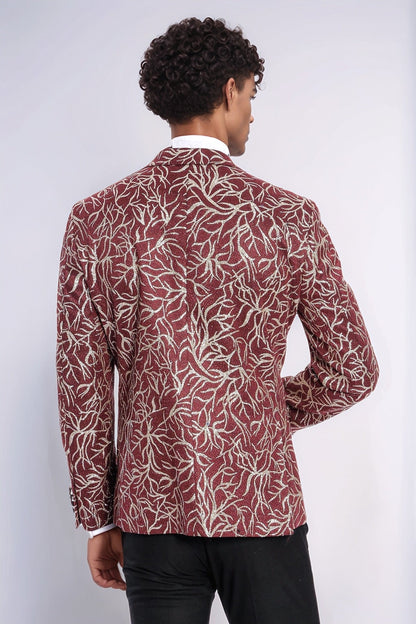 KOALA SYDNEY Sparkling Ivy Patterned Slim Fit Burgundy Men Evening Tuxedo Jacket