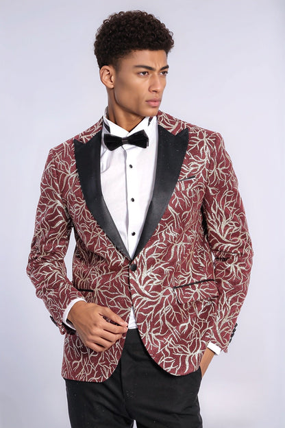 KOALA SYDNEY Sparkling Ivy Patterned Slim Fit Burgundy Men Evening Tuxedo Jacket