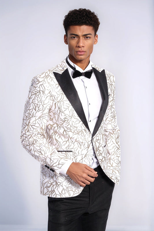 KOALA SYDNEY Sparkling Ivy Patterned Slim Fit White Men Wedding Groom Blazer
