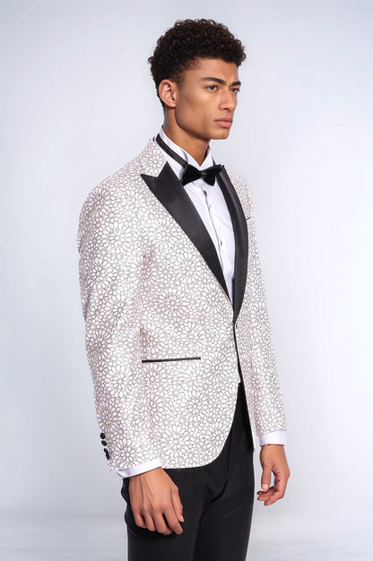 KOALA SYDNEY Flower Embroidered Pattern White Men Wedding Tuxedo Jacket