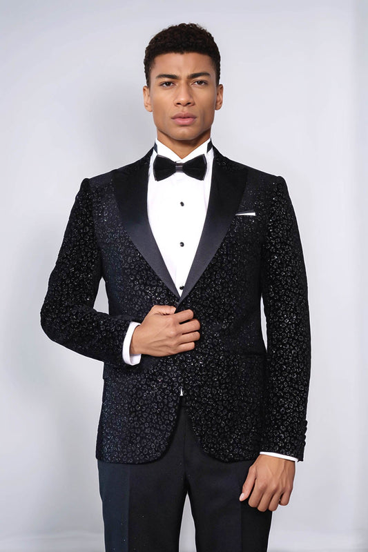 KOALA SYDNEY  Leopard Pattern Slim Fit Black Men Prom Blazer and Trousers Combination Suit