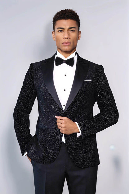 KOALA SYDNEY  Leopard Pattern Slim Fit Black Men Prom Blazer and Trousers Combination Suit-