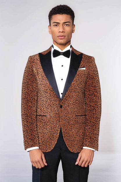 Leopard Pattern Slim Fit Peak Lapel Yellow Men Tuxedo Party Blazer