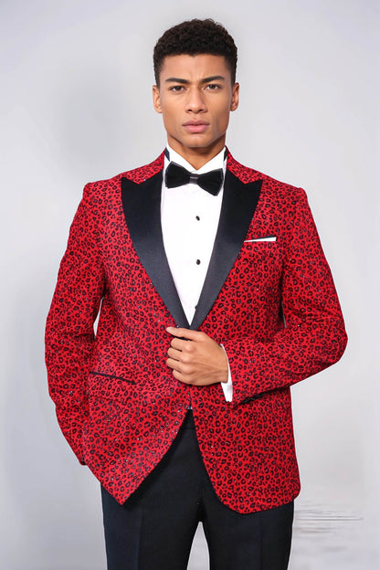 Leopard Pattern Slim Fit Peak Lapel Burgundy Men Tuxedo Party Blazer