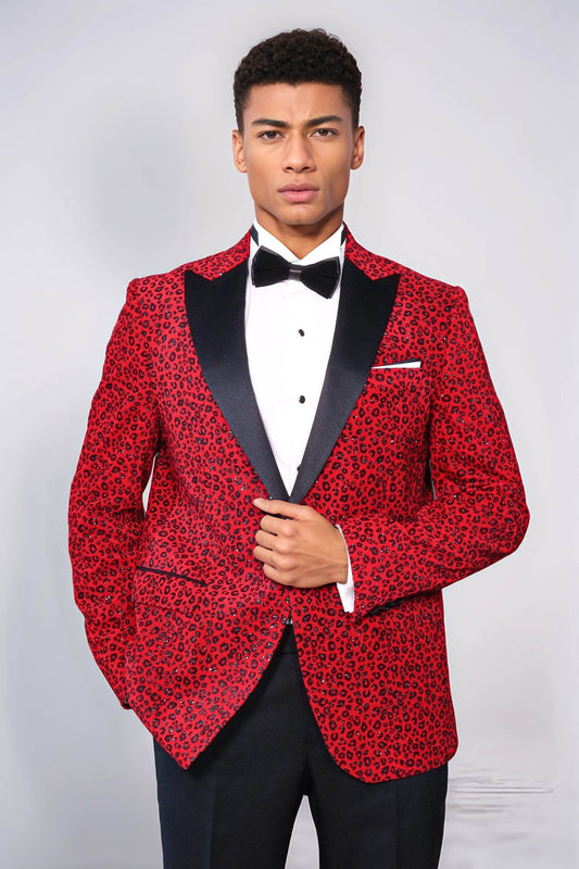 Leopard Pattern Slim Fit Peak Lapel Burgundy Men Tuxedo Party Blazer